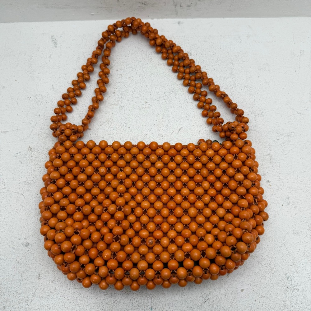 VTG 60s A Sarne Import Japan Made Wood Bead Shoulder Bag Atomic Orange Retro - Picture 2 of 10